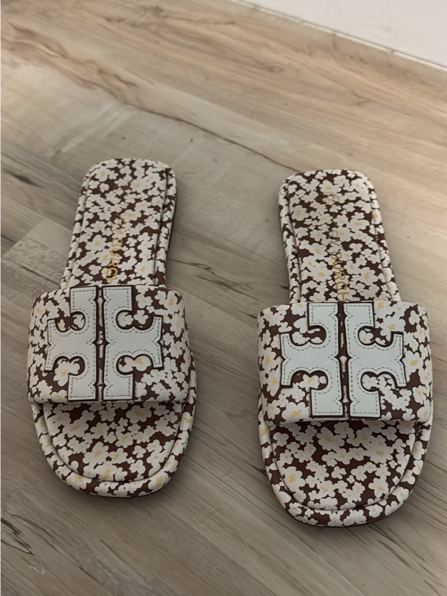 Tory Burch White Logo Floral Brown Slide Sandals